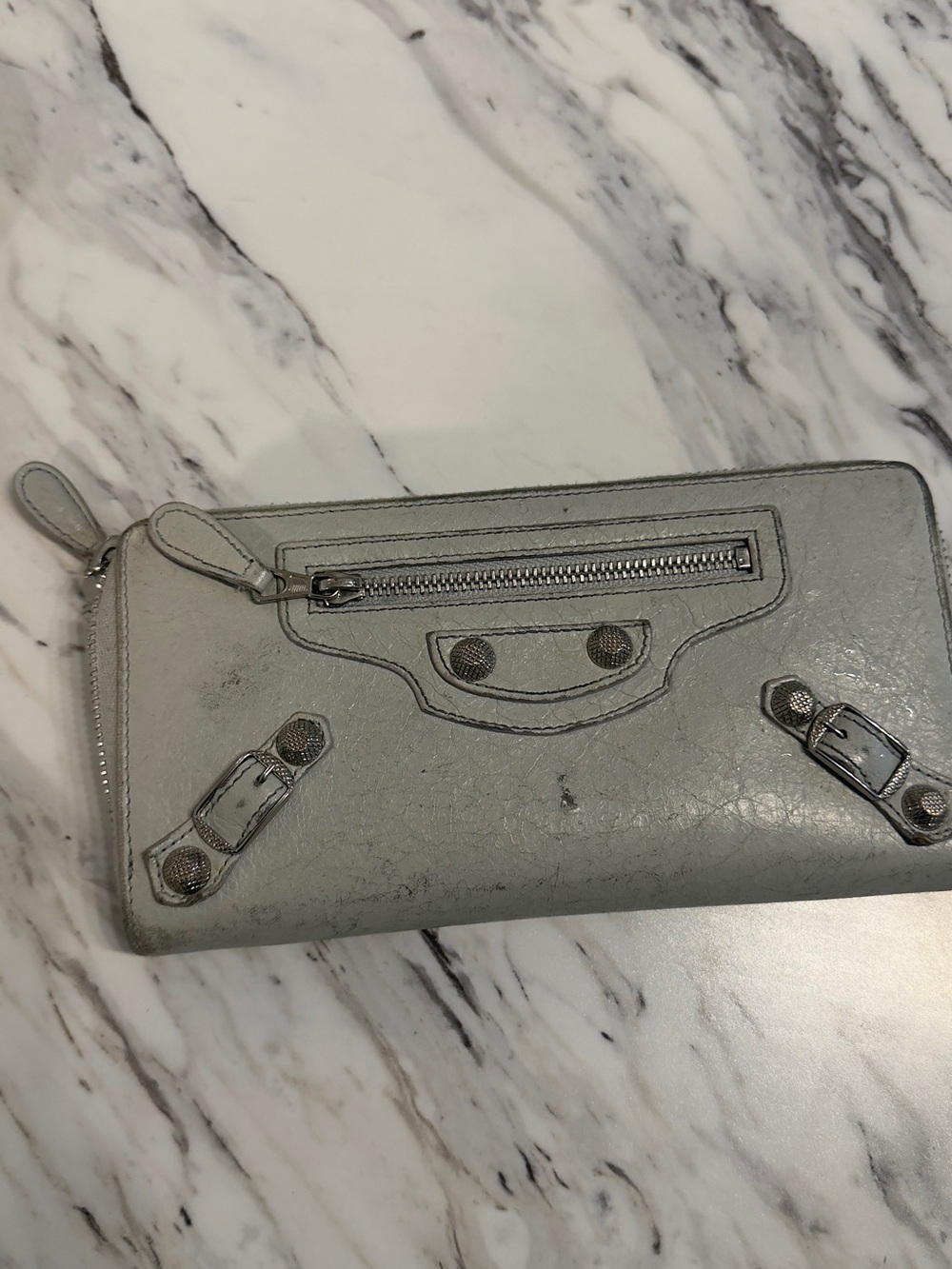 Balenciaga Light Gray Leather Zip Wallet with Stud Detailing - Picture 6 of 8